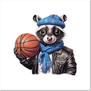 a skunk wearing a leather jacket  and a hat holding a basketball ball Posters and Art